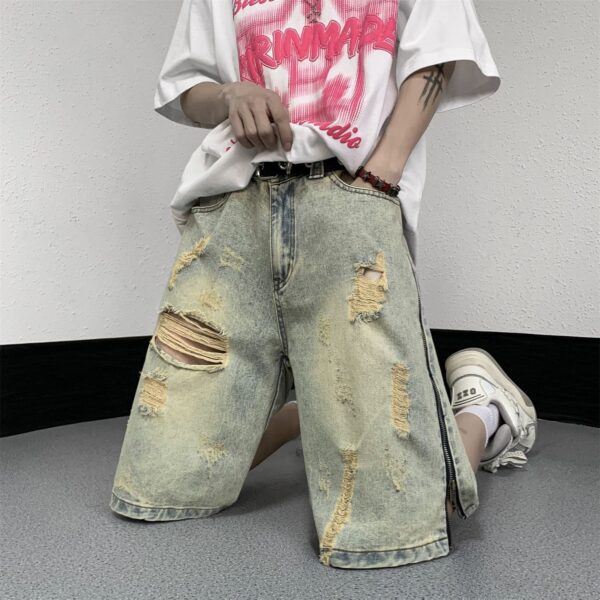 Retro Yellow Mud Ripped Denim Shorts Men's Loose Five Points - Image 3