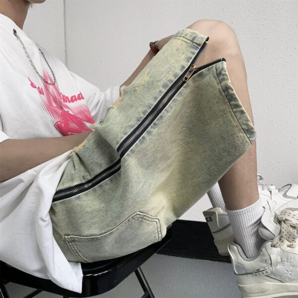 Retro Yellow Mud Ripped Denim Shorts Men's Loose Five Points - Image 5