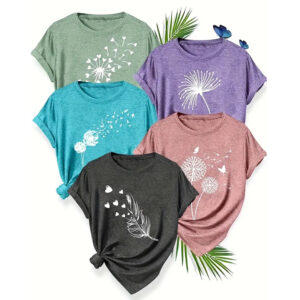 5 Pack Women's Round Neck Short Sleeve Tops - Floral Print Summer Casual Tee Set