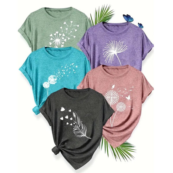 5 Pack Women's Round Neck Short Sleeve Tops - Floral Print Summer Casual Tee Set