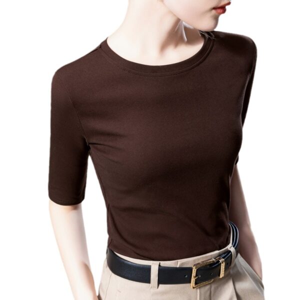 Women's Solid Color Round Neck Half-length Sleeve Cotton T-shirt Fashion Simple - Image 2