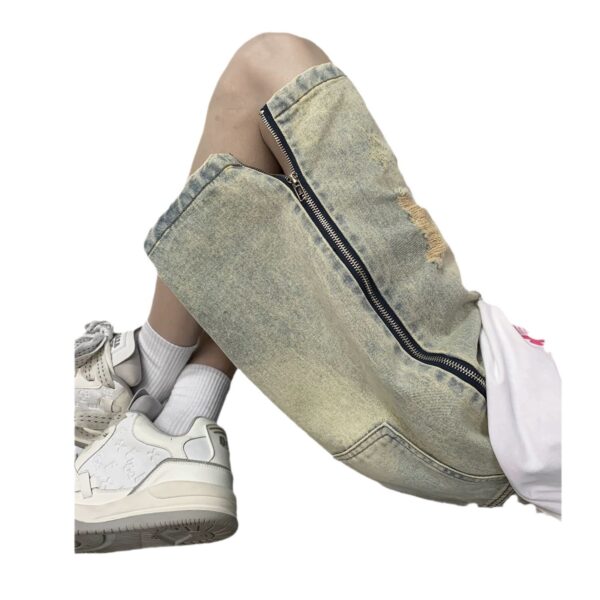 Retro Yellow Mud Ripped Denim Shorts Men's Loose Five Points - Image 4